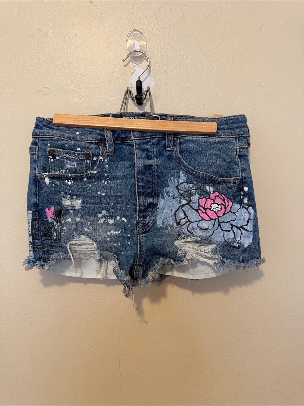 American Eagle Outfitters Distressed Blue Denim Shorts with Pink Floral - Picture 1 of 5